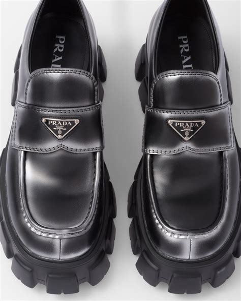 chunky prada|Black Brushed Leather Monolith Loafers .